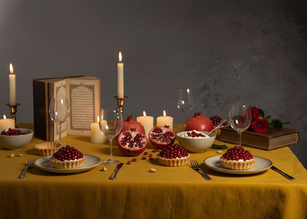 A moody, low-light photograph of a dining table set with pomegranate tarts, fresh pomegranates, lit candles, and books, suggesting a cozy, elegant holiday setting.yalda night
