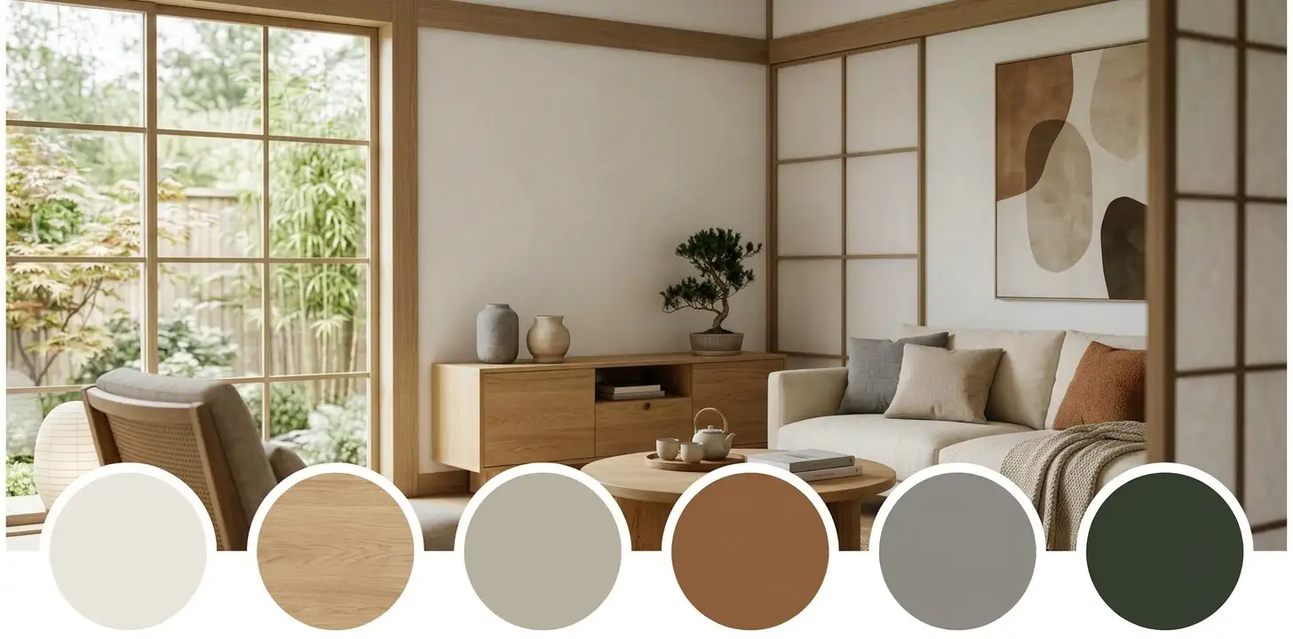Japandi color palette with cream, beige, wood, charcoal and muted green